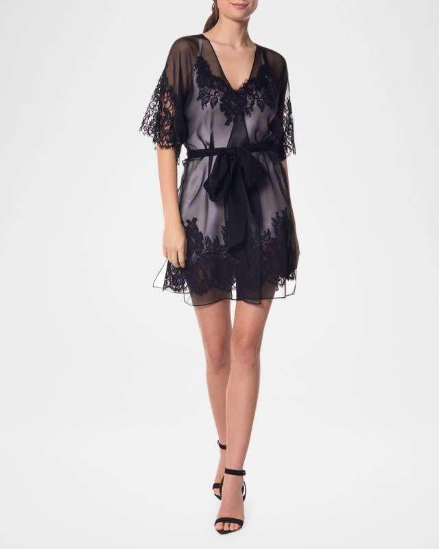 Diva Lace-Trim Silk Chiffon Robe